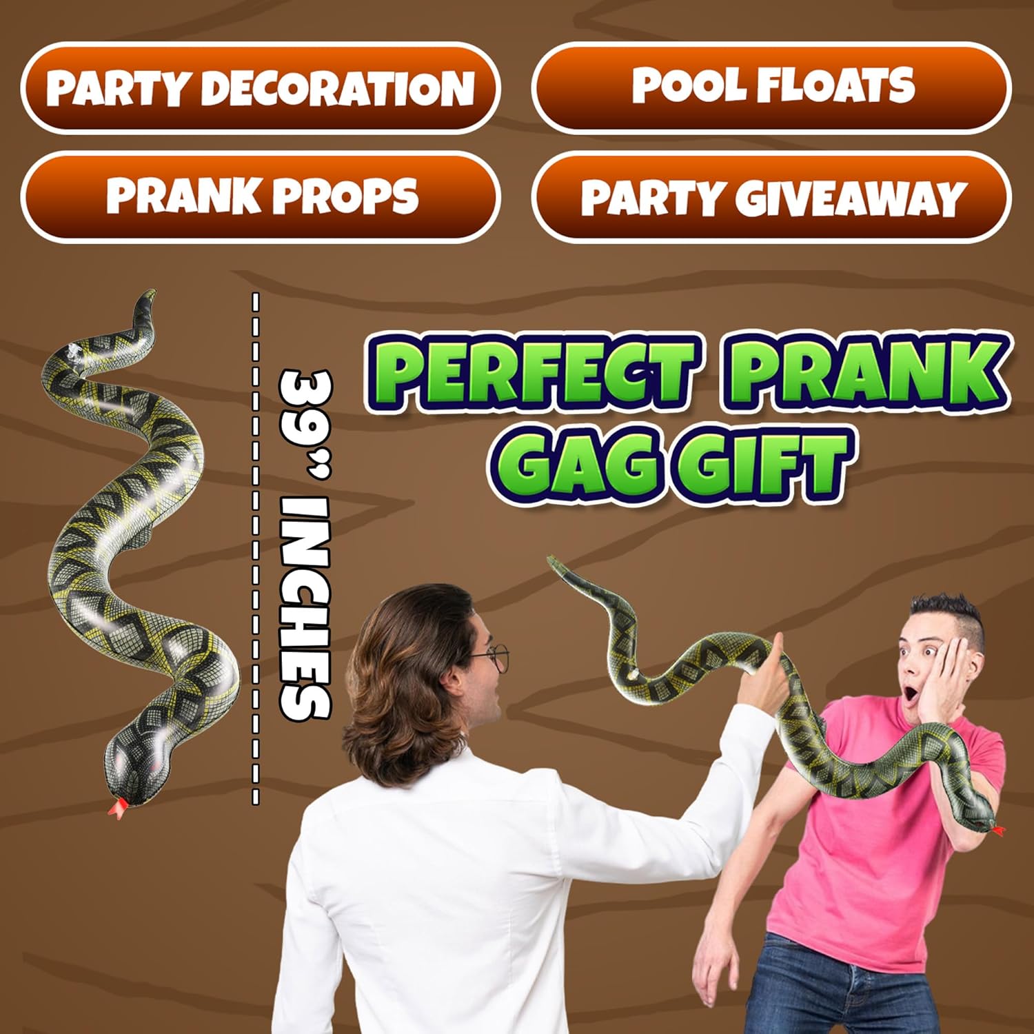 Inflatable Fake Snake Toys (3 Pack) - 39 Inch Blow Up Snakes for Pool Floats, Jungle Party, Rainforest, Reptile & Safari Theme, Inflatable Animal Party Decorations & Supplies